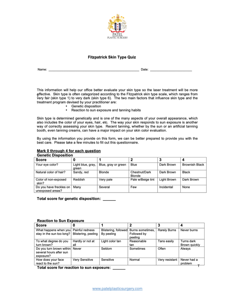 <p>Fitzpatrick Skin Type Quiz, Questionnaire Page 1</p>