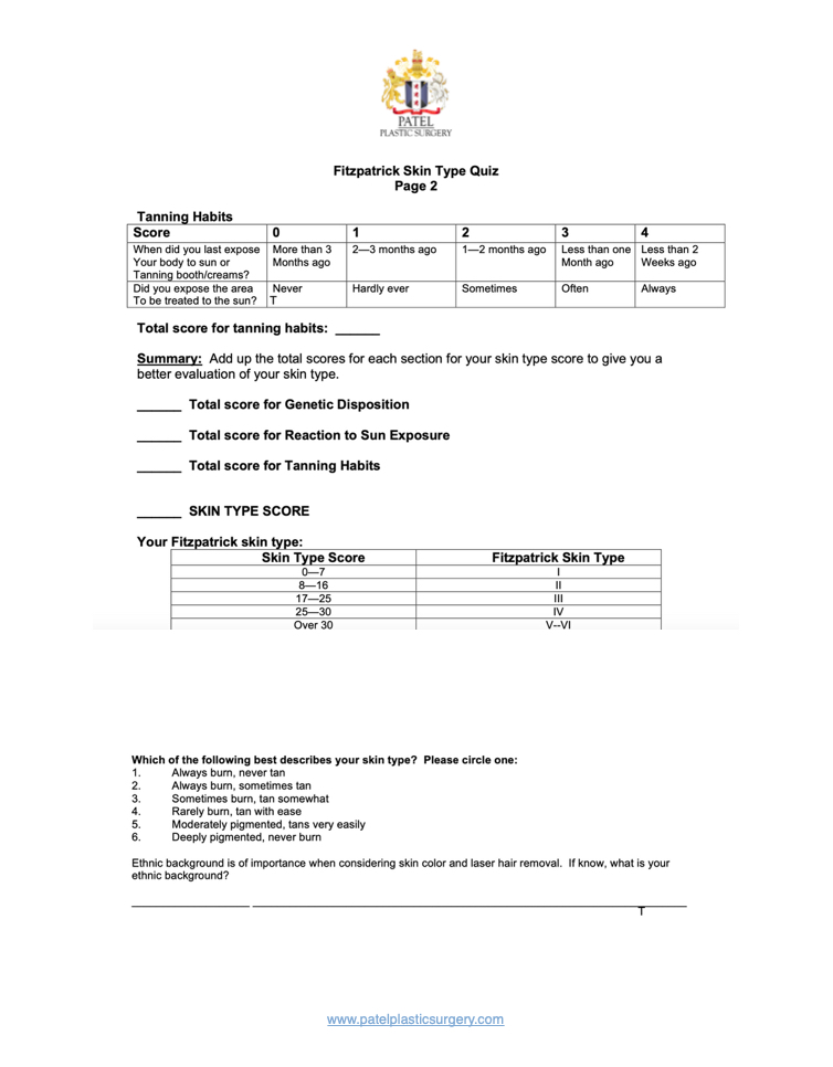 <p>Fitzpatrick Skin Type&nbsp;Quiz, Questionnaire Page&nbsp;2</p>