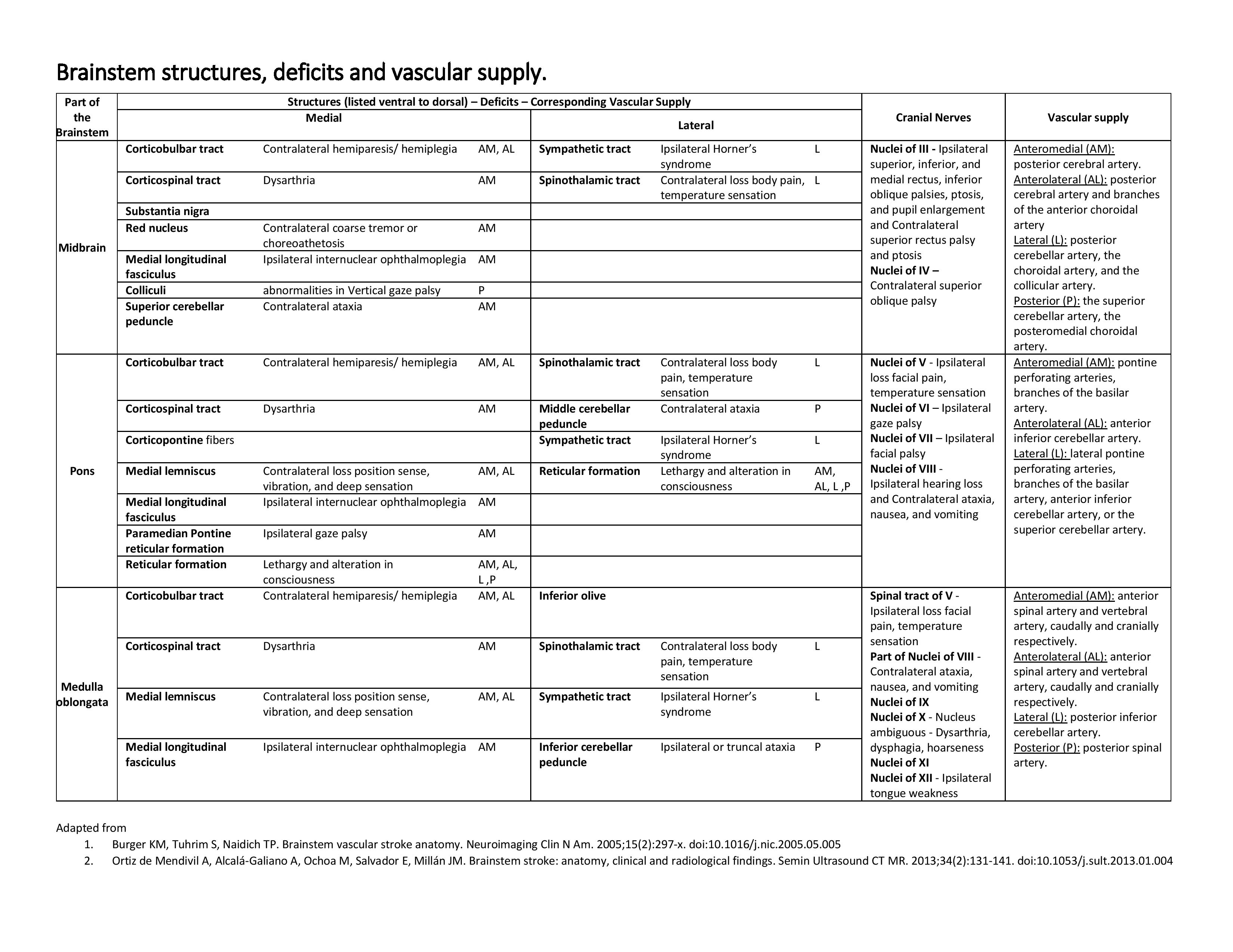 Brainstem structures, deficits and vascular supply.