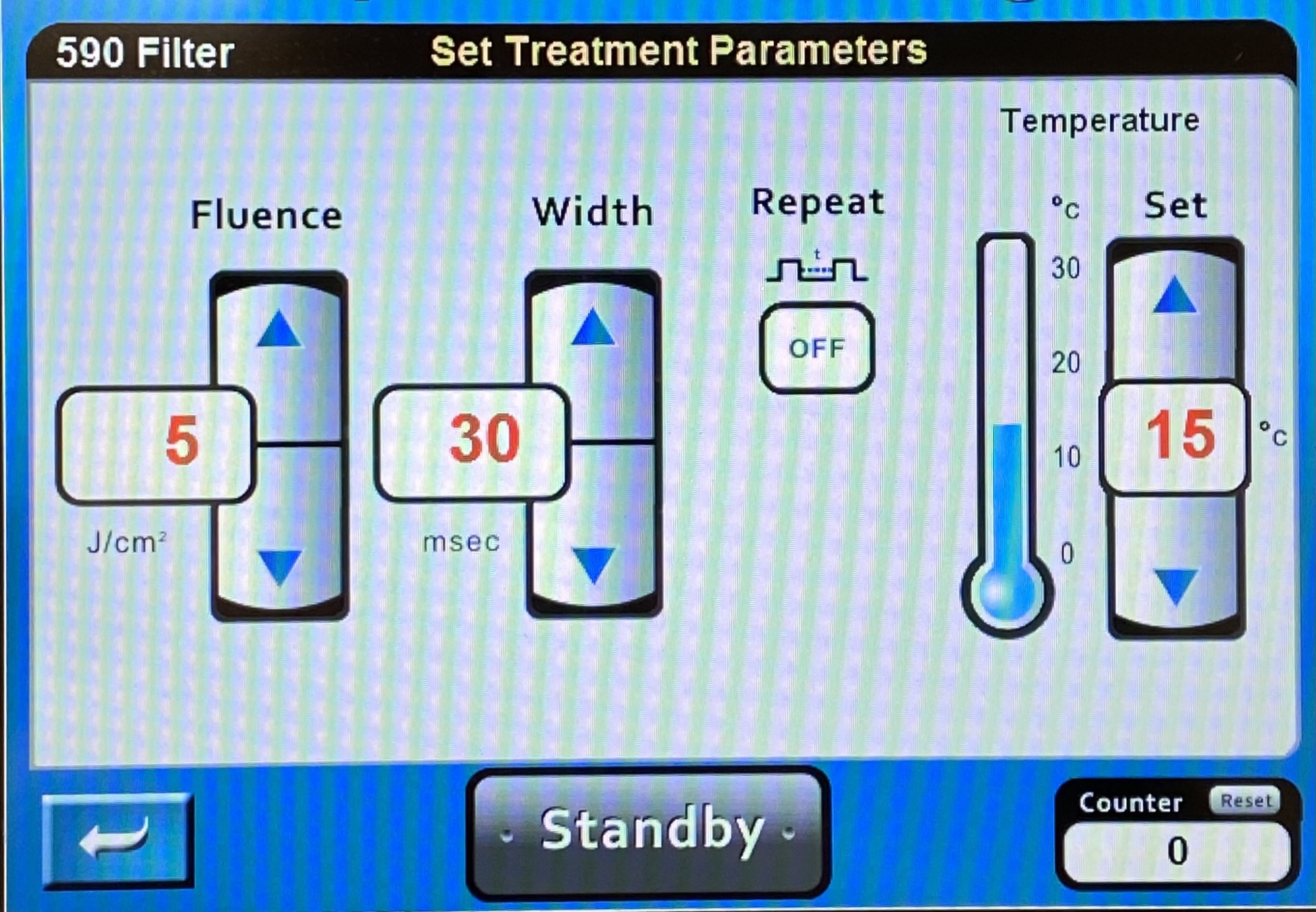 Touchscreen interface for intense pulsed light delivery system that permits adjustment of fluence, pulse width, pulse frequency, and cooling