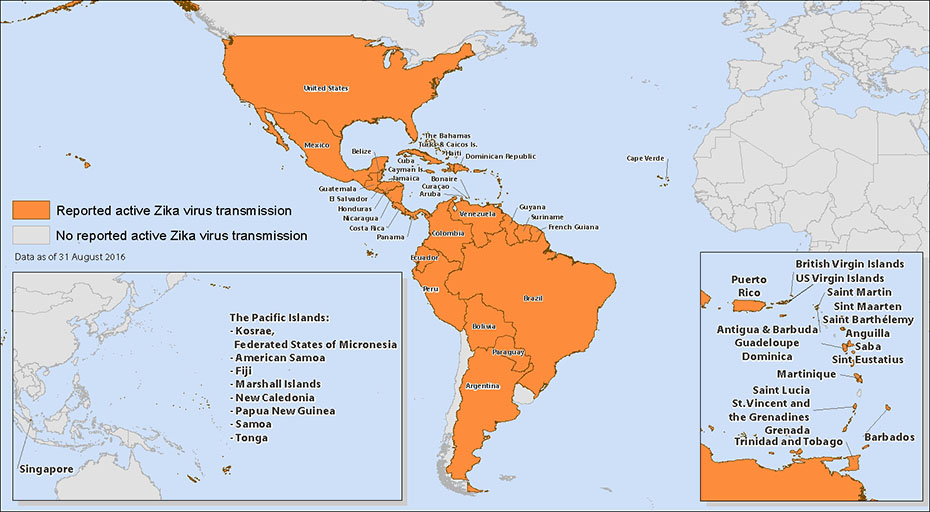 US CDC map of all countries with active Zika virus transmission in September 2016