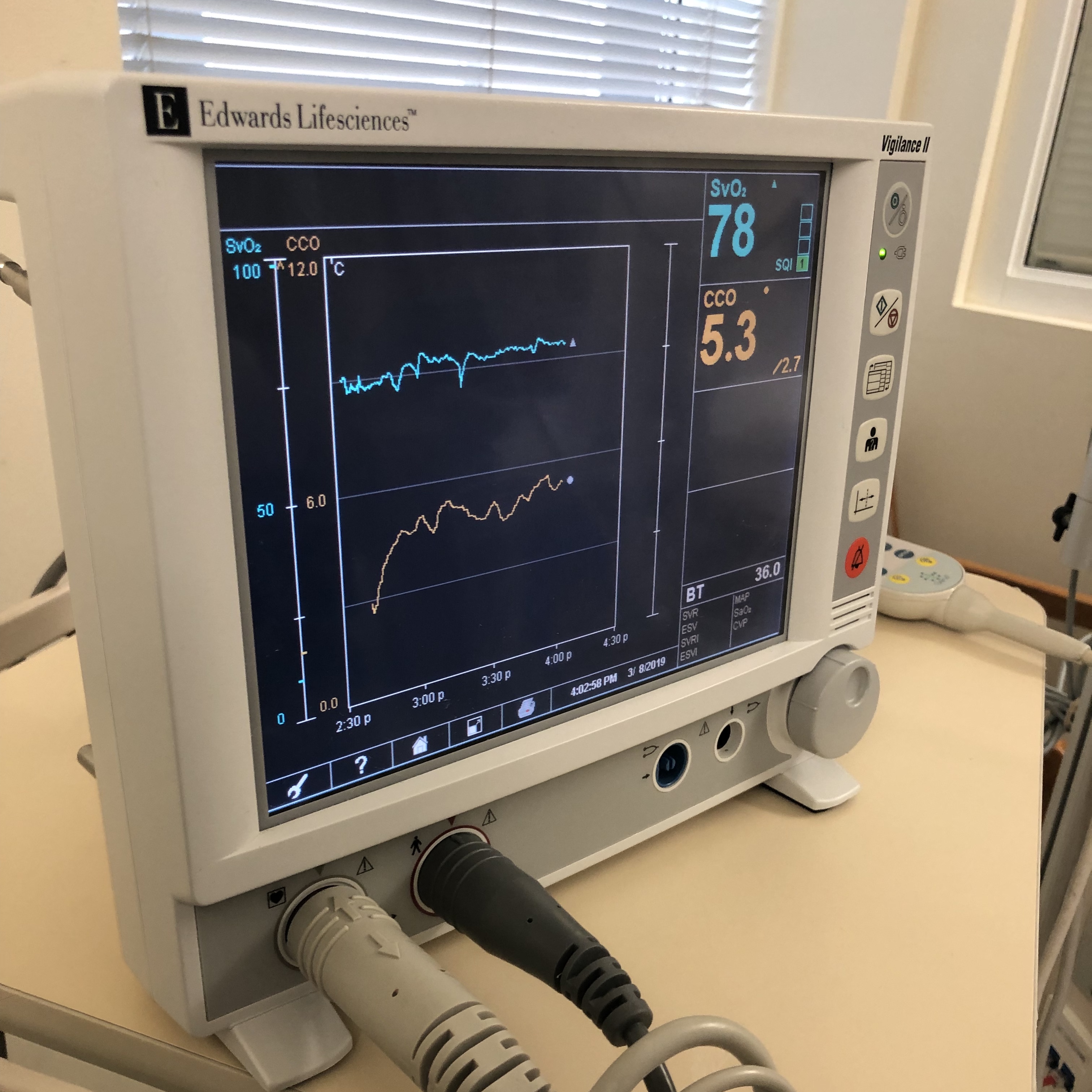 Monitor showing mixed venous oxygen saturation value (SvO2) in blue and cardiac output (CO) value in orange